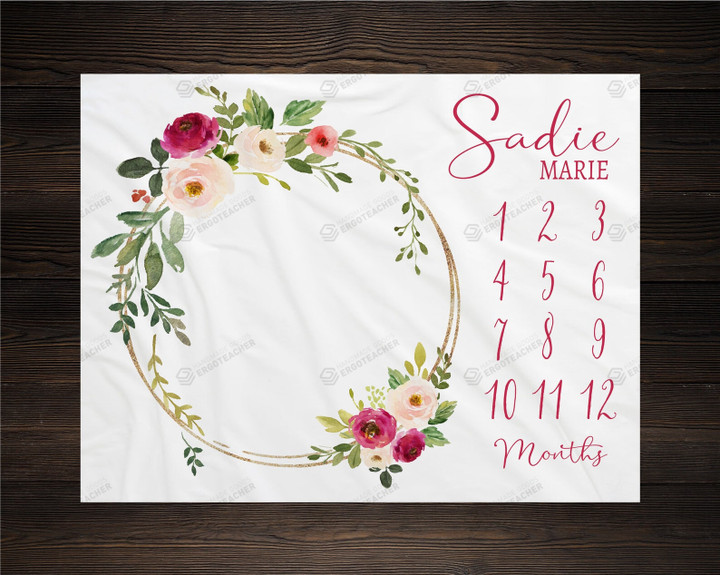 Personalized Pink Floral Wreath Monthly Milestone Blanket, Newborn Blanket, Baby Shower Gift Grow Chart Monthly