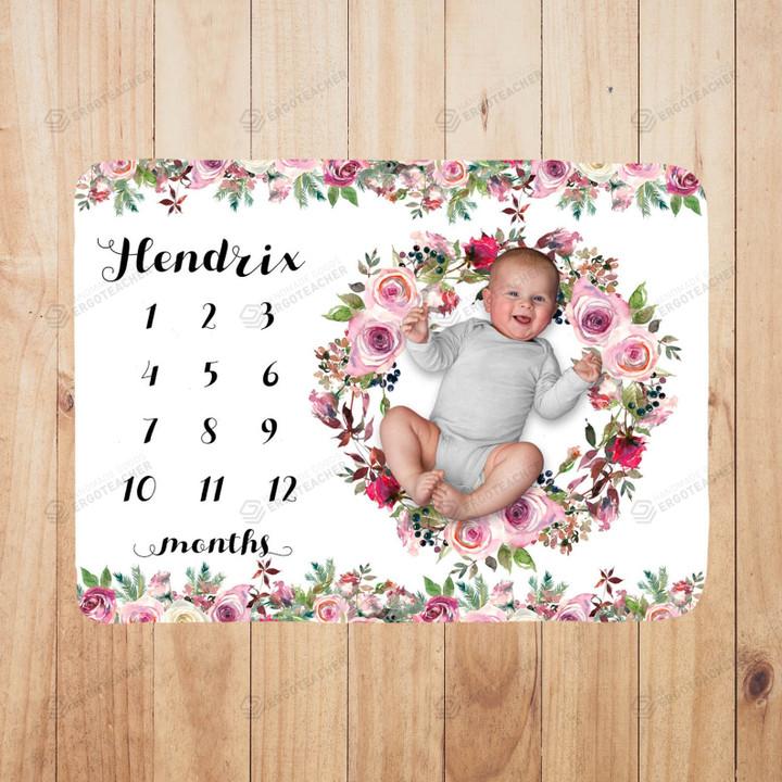 Personalized Pink Floral Monthly Milestone Blanket, Newborn Blanket, Baby Shower Gift Grow Chart Monthly