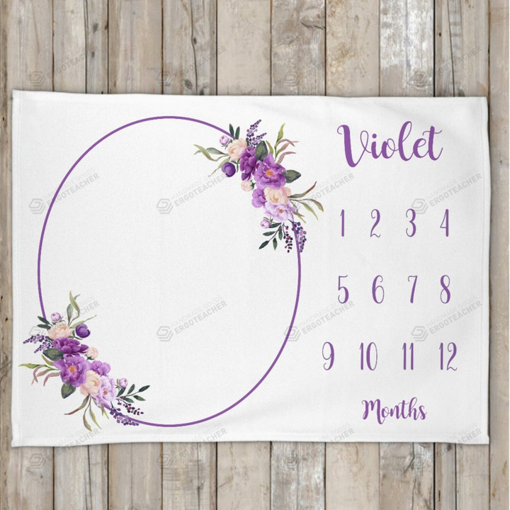 Personalized Purple Floral Monthly Milestone Blanket, Newborn Blanket, Baby Shower Gift Track Growth And Age Monthly