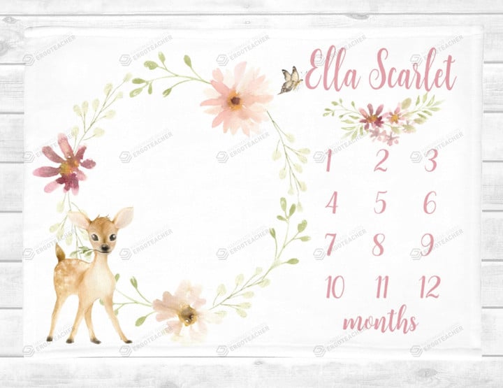 Personalized Deer & Daisy Monthly Milestone Blanket, Newborn Blanket, Baby Shower Gift Adventure Awaits Monthly Growth