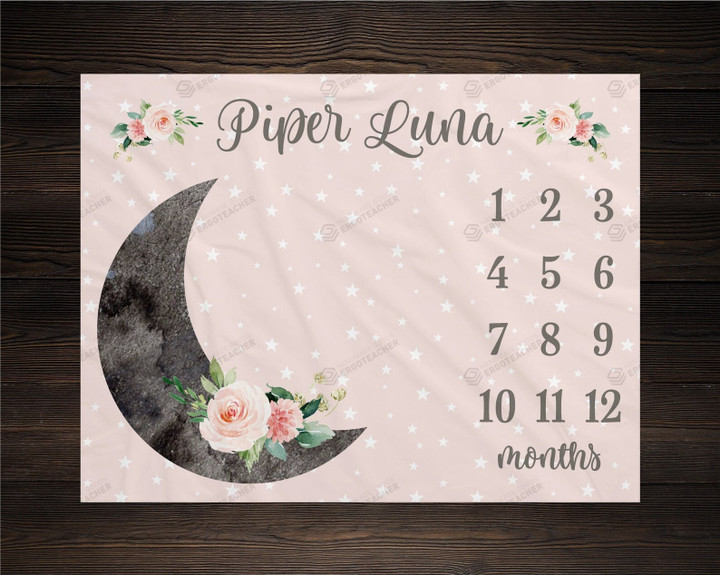 Personalized Moon And Rose Monthly Milestone Blanket, Newborn Blanket, Baby Shower Gift Track Growth Keepsake