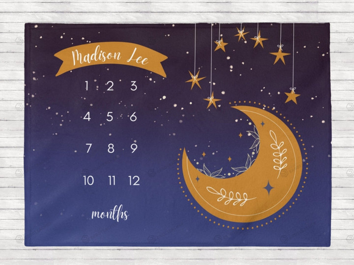 Personalized Stars And Moon Monthly Milestone Blanket, Newborn Blanket, Baby Shower Gift Watch Me Grow Monthly