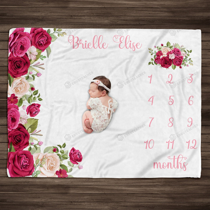 Personalized Pink Rose Monthly Milestone Blanket, Newborn Blanket, Baby Shower Gift Track Growth Keepsake