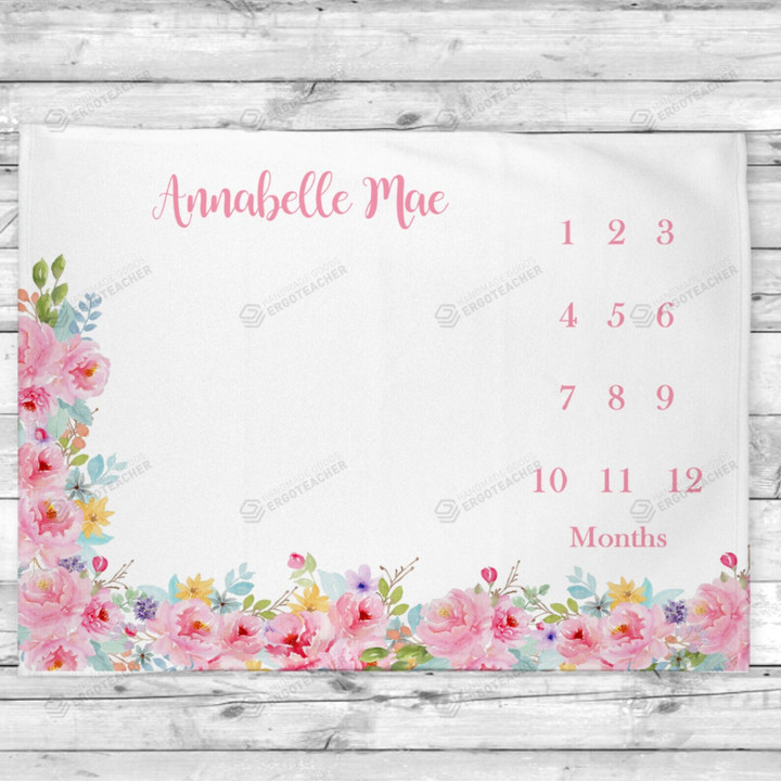 Personalized Pink Floral Monthly Milestone Blanket, Newborn Blanket, Baby Shower Gift Track Growth And Age Monthly