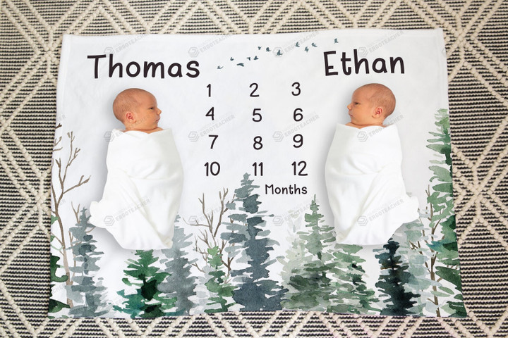 Personalized Forest Monthly Milestone Blanket, Twin Newborn Blanket, Baby Shower Gift Track Growth And Age Monthly
