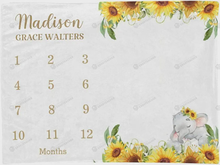 Personalized Elephant And Sunflower Monthly Milestone Blanket, Newborn Blanket, Baby Shower Gift Adventure Awaits Monthly Growth