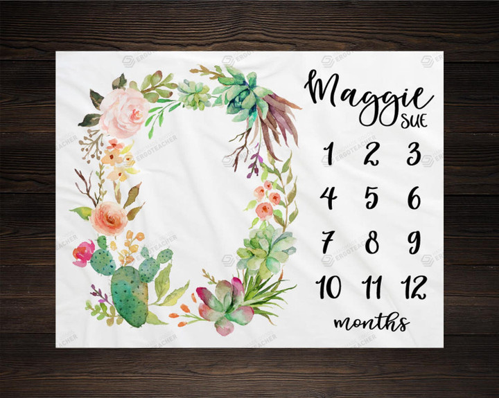 Personalized Floral Cactus Monthly Milestone Blanket, Newborn Blanket, Baby Shower Gift Track Growth Keepsake