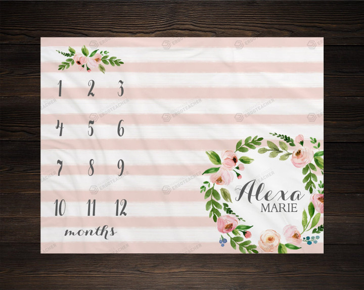 Personalized Floral Wreath Monthly Milestone Blanket, Newborn Blanket, Baby Shower Gift Newborn Growth Memory Keepsakes