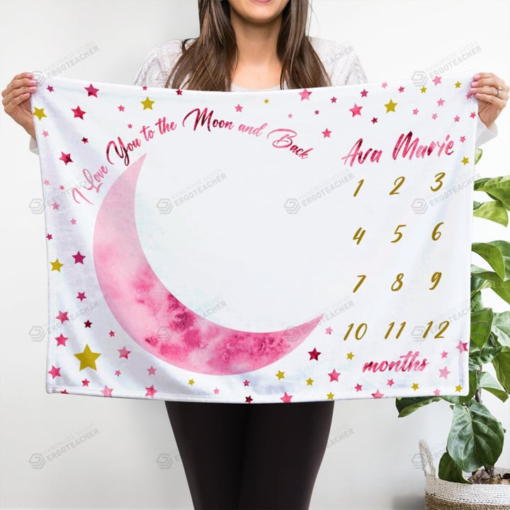 Personalized Moon And Stars Monthly Milestone Blanket, Newborn Blanket, Baby Shower Keepsakes Gift