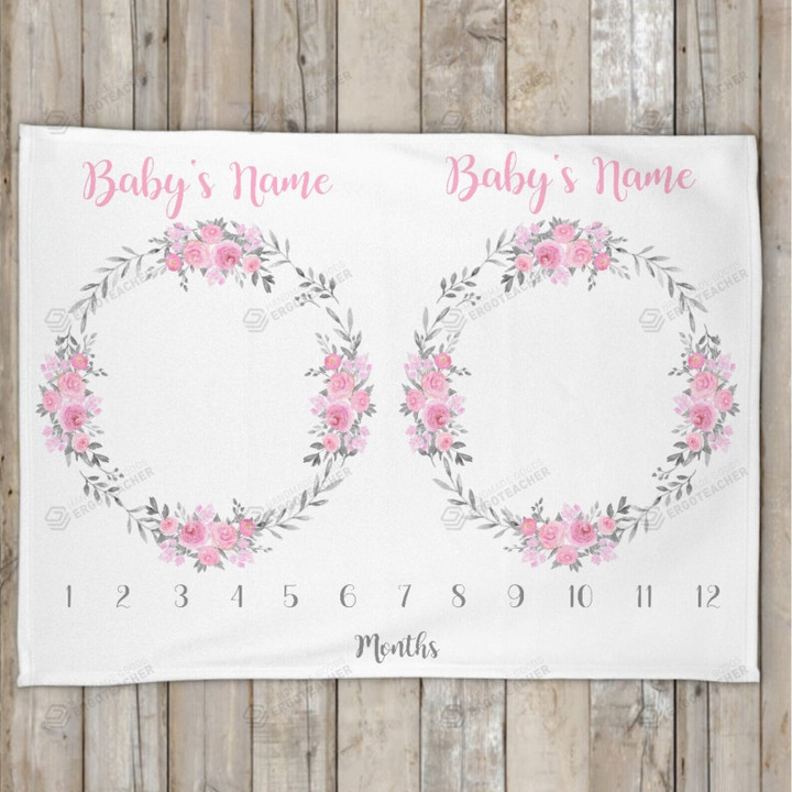 Personalized Twins Floral Wreath Monthly Milestone Blanket, Twins Newborn Blanket, Baby Shower Gift Track Growth And Age Monthly