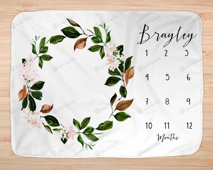 Personalized Leaves Wreath Monthly Milestone Blanket, Newborn Blanket, Baby Shower Gift Grow Chart Monthly