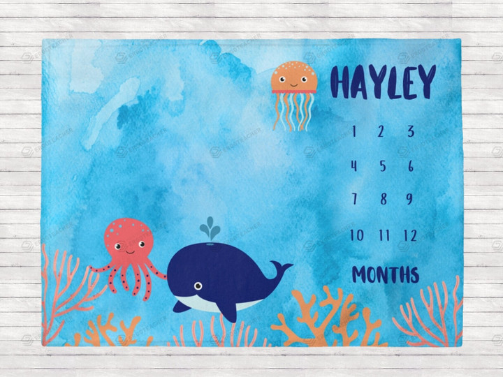 Personalized Ocean Animals Monthly Milestone Blanket, Newborn Blanket, Baby Shower Gift Adventure Awaits Monthly Growth