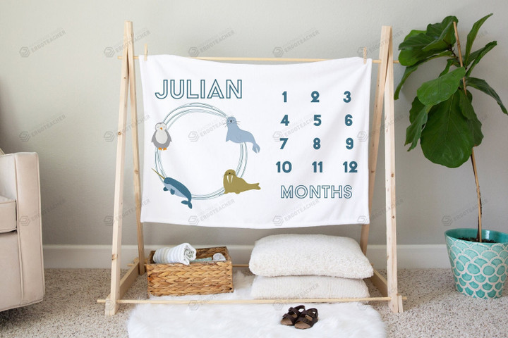 Personalized Penguin And Narwhal And Seal Walrus Monthly Milestone Blanket, Newborn Blanket, Baby Shower Gift Grow Chart Monthly