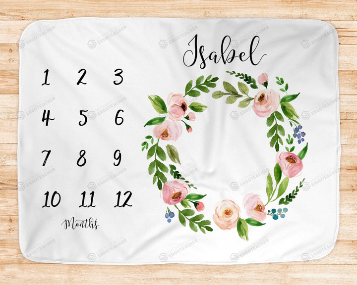Personalized Floral Wreath Monthly Milestone Blanket, Newborn Blanket, Baby Shower Gift Track Growth And Age Monthly