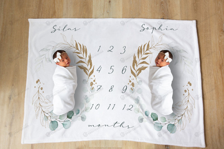 Personalized Twin Leaves Wreath Monthly Milestone Blanket, Twin Newborn Blanket, Baby Shower Gift Track Growth Keepsake