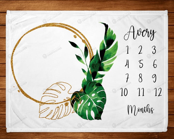 Personalized Tropical Leaves Monthly Milestone Blanket, Newborn Blanket, Baby Shower Gift Track Growth And Age Monthly