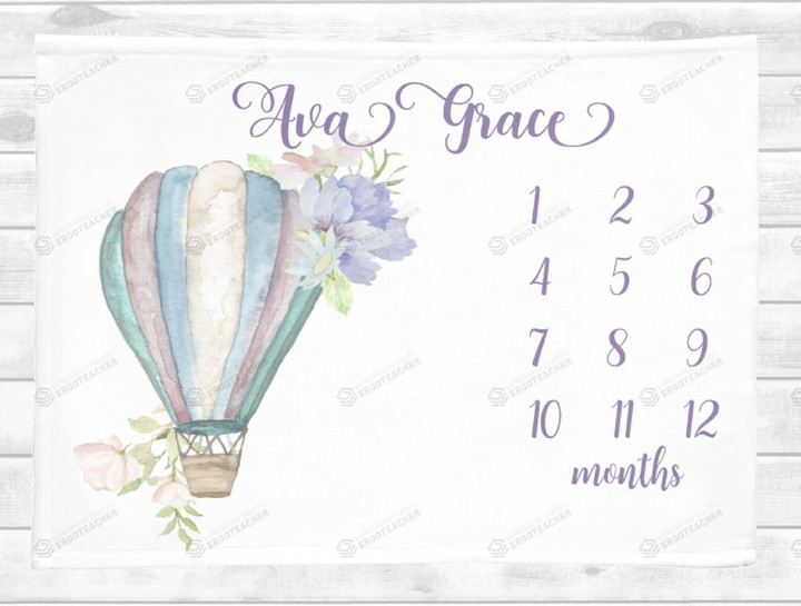 Personalized Hot Air Balloon Floral Monthly Milestone Blanket, Newborn Blanket, Baby Shower Gift Never Stop Exploring