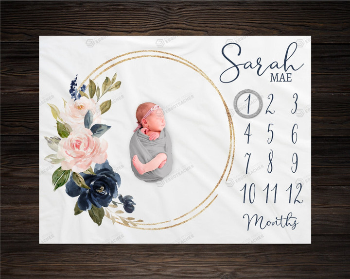 Personalized Pink And Navy Florals Monthly Milestone Blanket, Newborn Blanket, Baby Shower Gift Monthly Growth Tracker