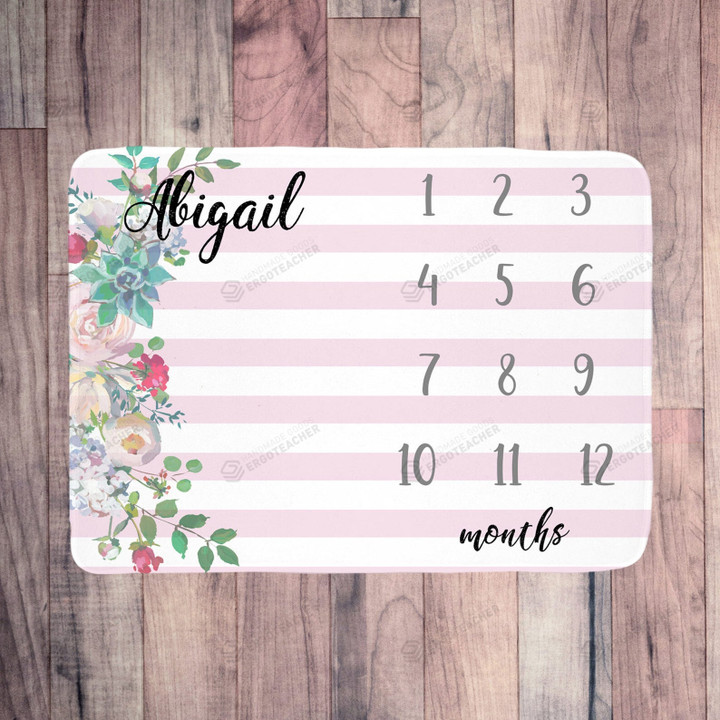 Personalized Flowers With Pink Stripe Patterns Monthly Milestone Blanket, Newborn Blanket, Baby Shower Gift Grow Chart Monthly
