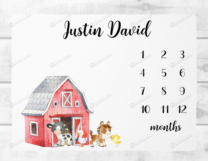 Personalized Farmhouse With Animal Monthly Milestone Blanket, Newborn Blanket, Baby Shower Gift Monthly Growth Tracker