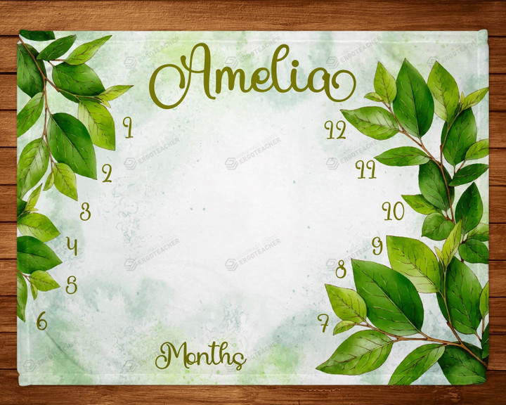 Personalized Watercolor Leaves Monthly Milestone Blanket, Newborn Blanket, Baby Shower Gift Track Growth And Age Monthly