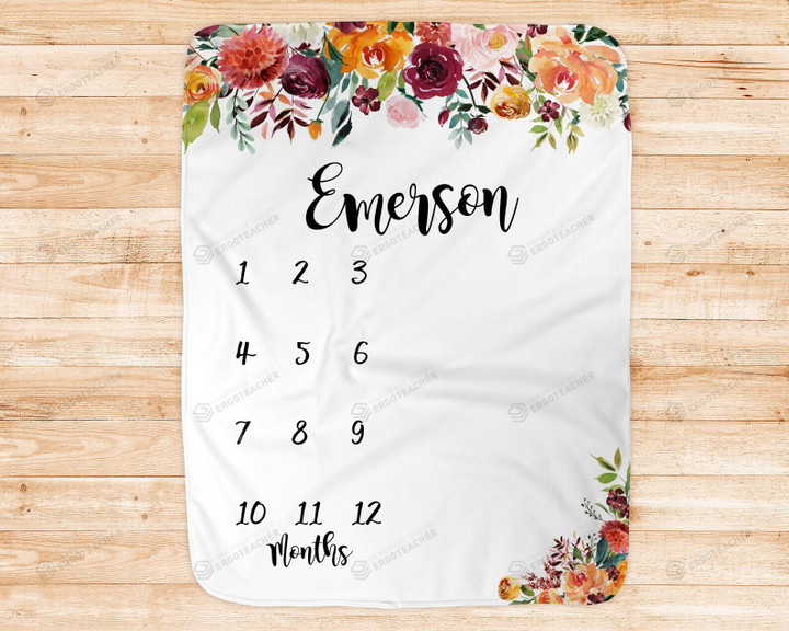 Personalized Floral Monthly Milestone Blanket, Newborn Blanket, Baby Shower Gift Track Growth And Age Monthly
