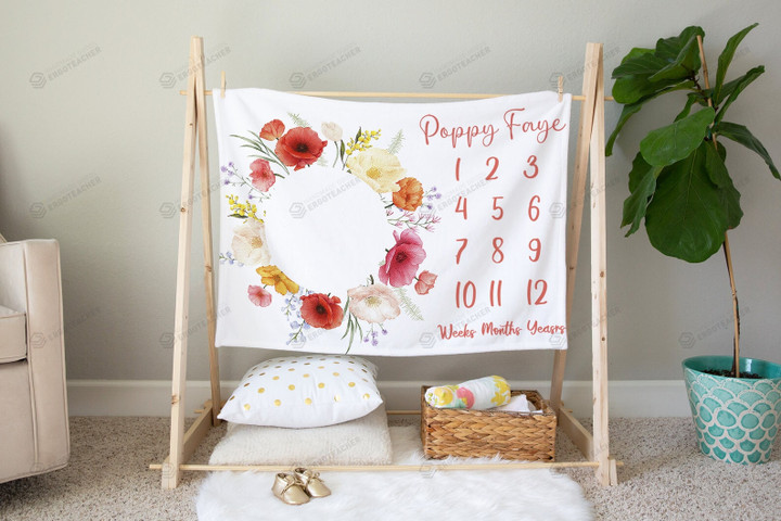Personalized Poppy Floral Monthly Milestone Blanket, Newborn Blanket, Baby Shower Gift Track Growth And Age Monthly