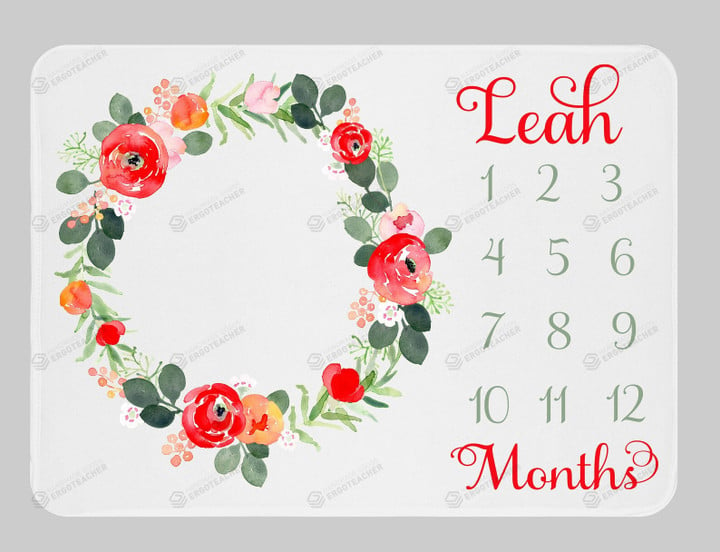 Personalized Flower Wreath Monthly Milestone Blanket, Newborn Blanket, Baby Shower Gift Watch Me Grow Monthly