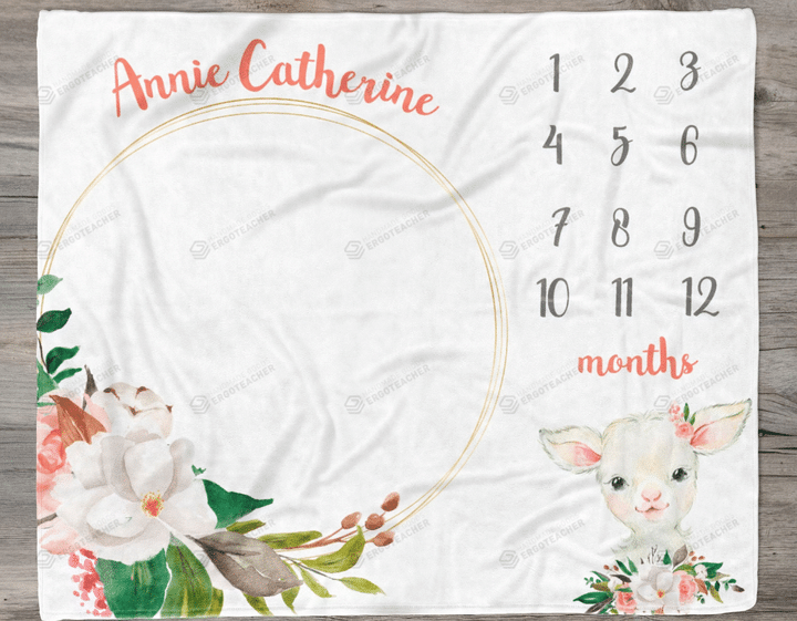 Personalized Floral Lamb Monthly Milestone Blanket, Newborn Blanket, Baby Shower Gift Track Growth Keepsake