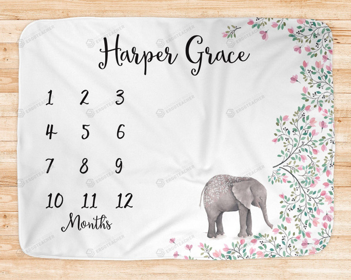 Personalized Elephant With Floral Monthly Milestone Blanket, Newborn Blanket, Baby Shower Gift Track Growth And Age Monthly