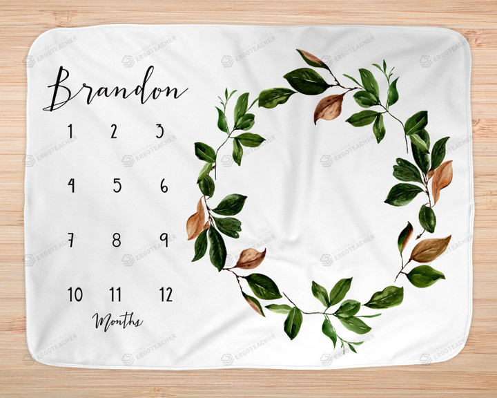 Personalized Greenery Wreath Monthly Milestone Blanket, Newborn Blanket, Baby Shower Gift Watch Me Grow Monthly