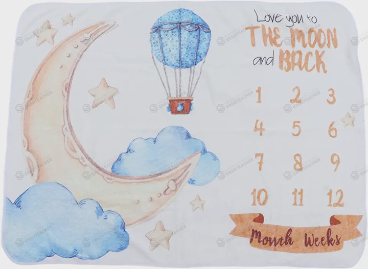 Love You To The Moon And Back Monthly Milestone Blanket, Moon & Hot Air Balloon Newborn Blanket, Baby Shower Gift Never Stop Exploring