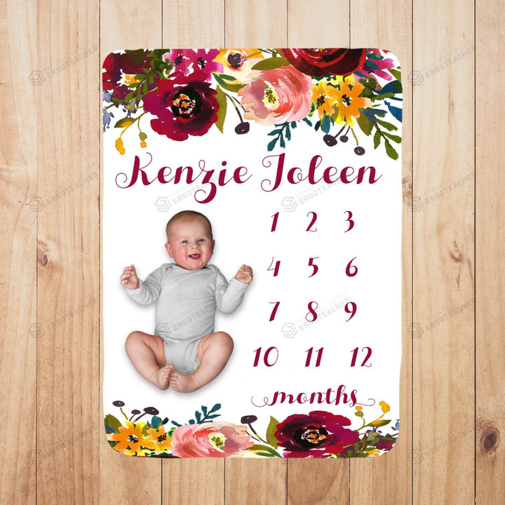 Personalized Watercolor Rose Monthly Milestone Blanket, Newborn Blanket, Baby Shower Gift Monthly Growth Tracker