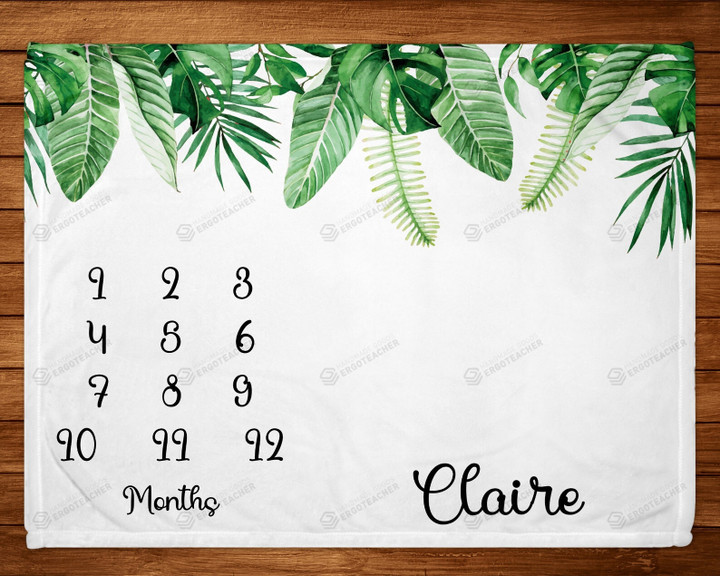 Personalized Green Leaves Monthly Milestone Blanket, Newborn Blanket, Baby Shower Gift Grow Chart Monthly