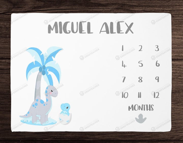 Personalized Dinosaur & Coconut Tree Monthly Milestone Blanket, Newborn Blanket, Baby Shower Gift Watch Me Grow Monthly