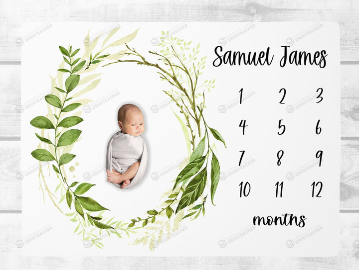 Personalized Leaves Wreath Monthly Milestone Blanket, Newborn Blanket, Baby Shower Gift Monthly Growth Tracker