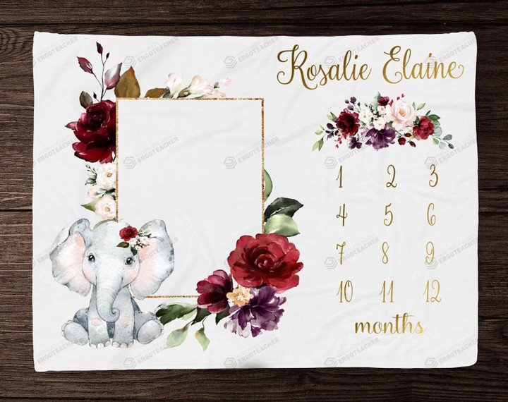 Personalized Elephant & Rose Monthly Milestone Blanket, Newborn Blanket, Baby Shower Gift Adventure Awaits Monthly Growth
