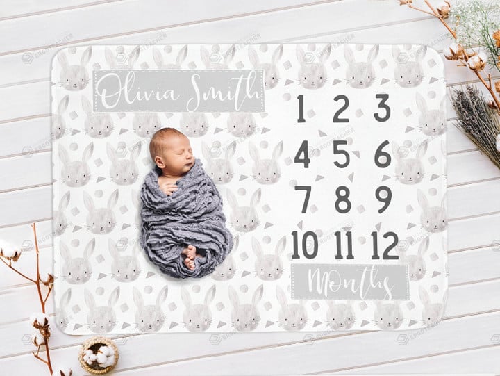 Personalized Gray Bunny Monthly Milestone Blanket, Newborn Blanket, Baby Shower Gift Watch Me Grow Monthly