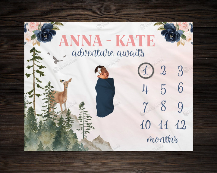 Personalized The Forest And Deer Monthly Milestone Blanket, Newborn Blanket, Baby Shower Gift Grow Chart Monthly