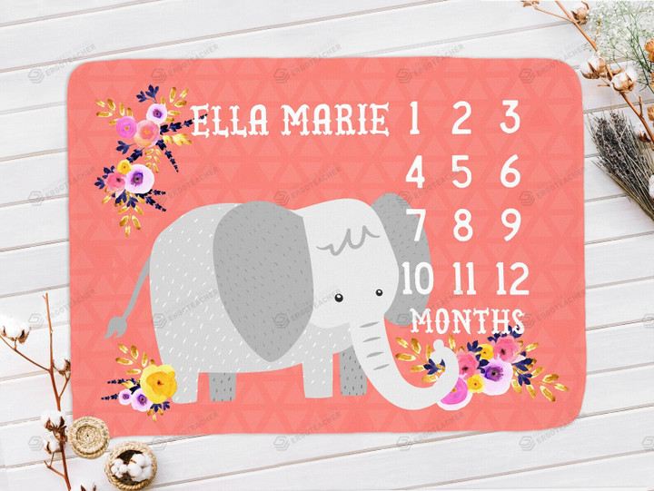 Personalized Elephant Floral Monthly Milestone Blanket, Newborn Blanket, Baby Shower Gift Watch Me Grow Monthly