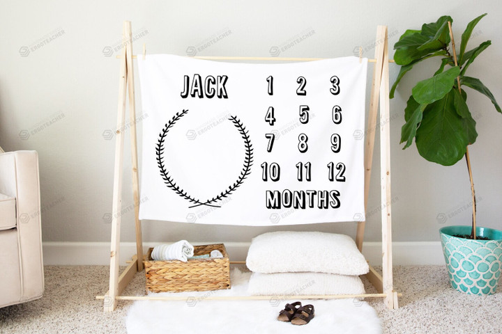 Personalized Black and White Wreath Monthly Milestone Blanket, Newborn Blanket, Baby Shower Keepsakes Gift