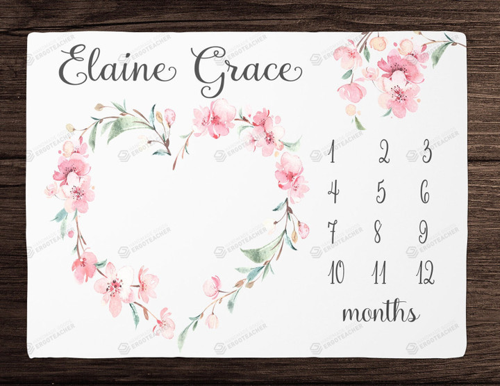 Personalized Cherry Blossoms Monthly Milestone Blanket, Newborn Blanket, Baby Shower Gift Watch Me Grow Monthly
