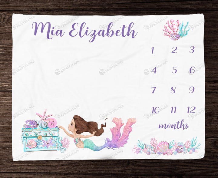 Personalized Mermaid Monthly Milestone Blanket, Newborn Blanket, Baby Shower Gift Adventure Awaits Monthly Growth