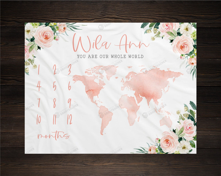 Personalized World Map & Rose Monthly Milestone Blanket, Newborn Blanket, Baby Shower Gift Never Stop Exploring