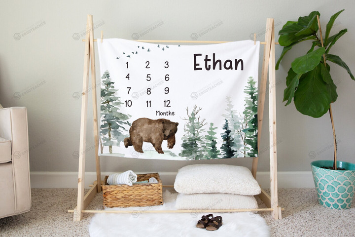 Personalized Bear In The Forest Monthly Milestone Blanket, Newborn Blanket, Baby Shower Gift Monthly Growth Tracker