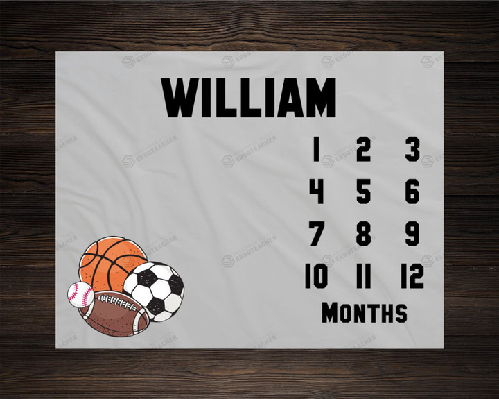 Personalized Soccer, Football, Volleyball, Baseball Monthly Milestone Blanket, Newborn Blanket, Baby Shower Gift Watch Me Grow Monthly