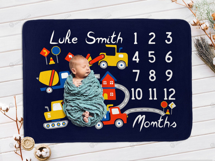 Personalized Construction Trucks Monthly Milestone Blanket, Newborn Blanket, Baby Shower Gift Grow Chart Monthly