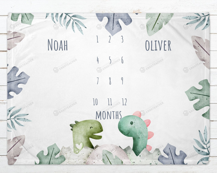 Personalized Dinosaurs Monthly Milestone Blanket, Twins Newborn Blanket, Baby Shower Gift Track Growth Keepsake