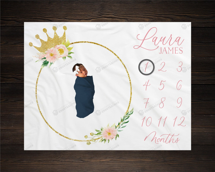 Personalized Crown With Pink Floral Monthly Milestone Blanket, Newborn Blanket, Baby Shower Gift Monthly Growth Tracker