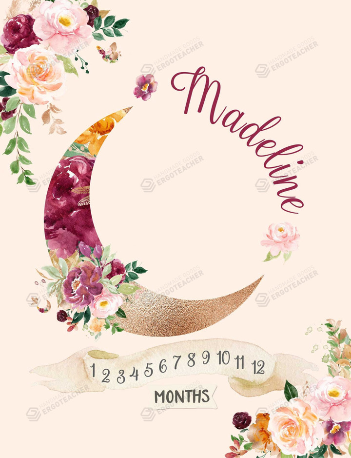 Personalized Moon & Rose Monthly Milestone Blanket, Newborn Blanket, Baby Shower Gift Track Growth Keepsake